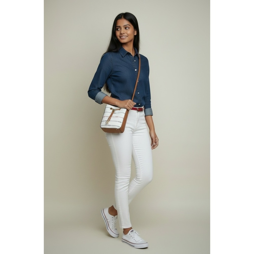 Tommy Hilfiger Bucket Bag Women Small White Nautical Rope Knot Crossbody NWT